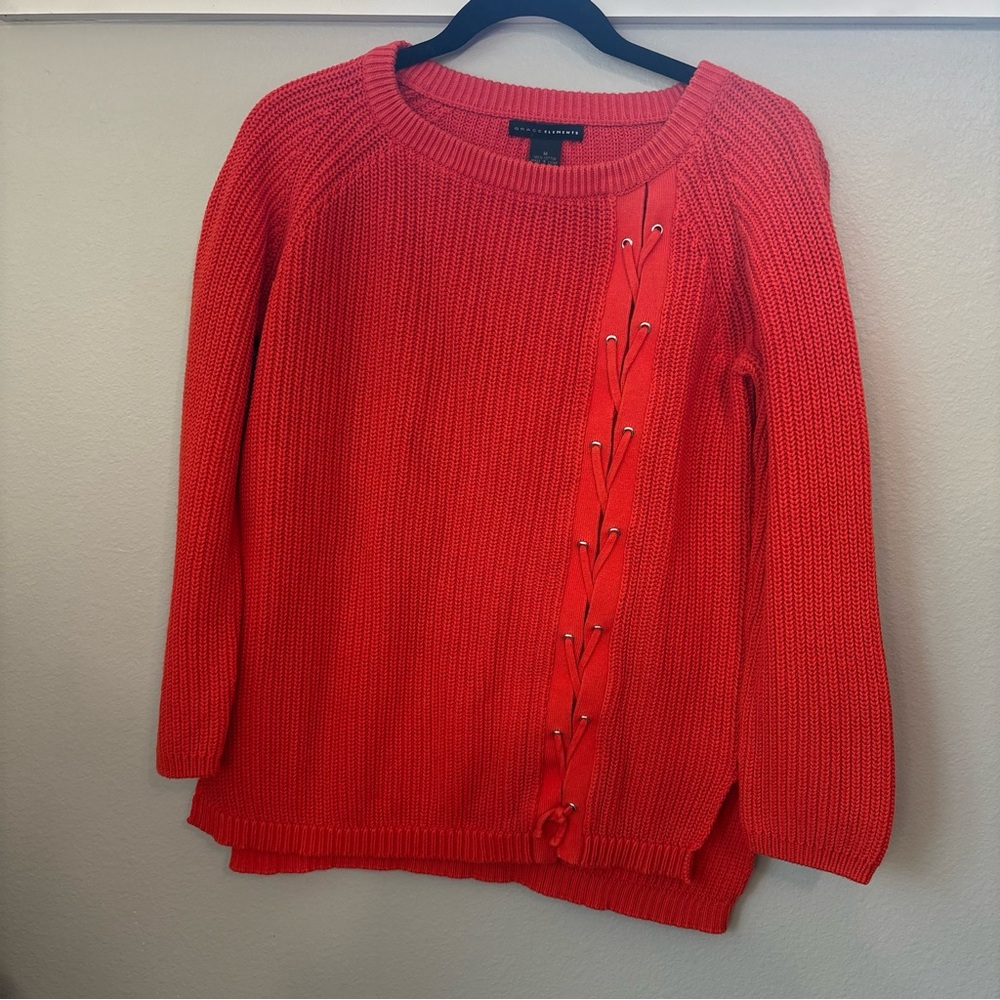 Grace Elements Orange Lace-Up Side Sweater 100% Cotton‎ Knit Size Medium